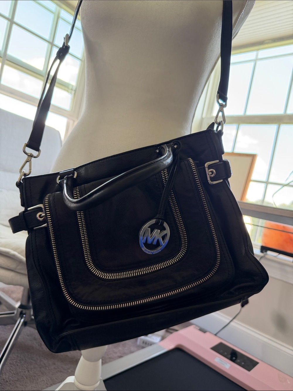 Michael Kors Black Leather Shoulder Bag with MK Charm